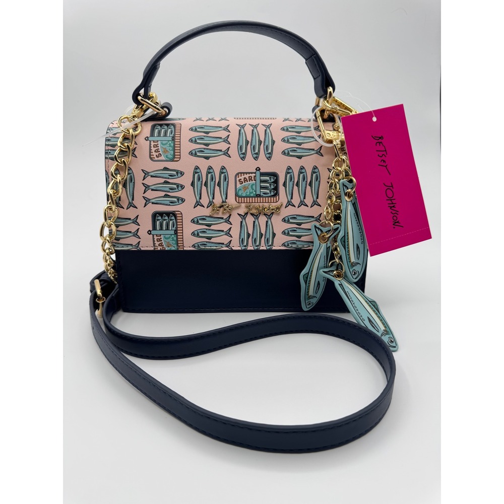 Betsey Johnson Sardine Navy Pink Leather Crossbody Top Handle Purse